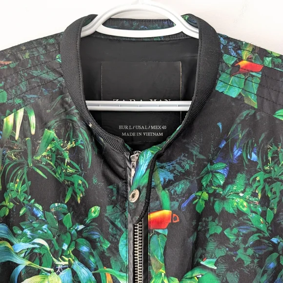 Zara Man Black And Tropical Print Bomber Jacket ~ Size Medium - Picture 4 of 15